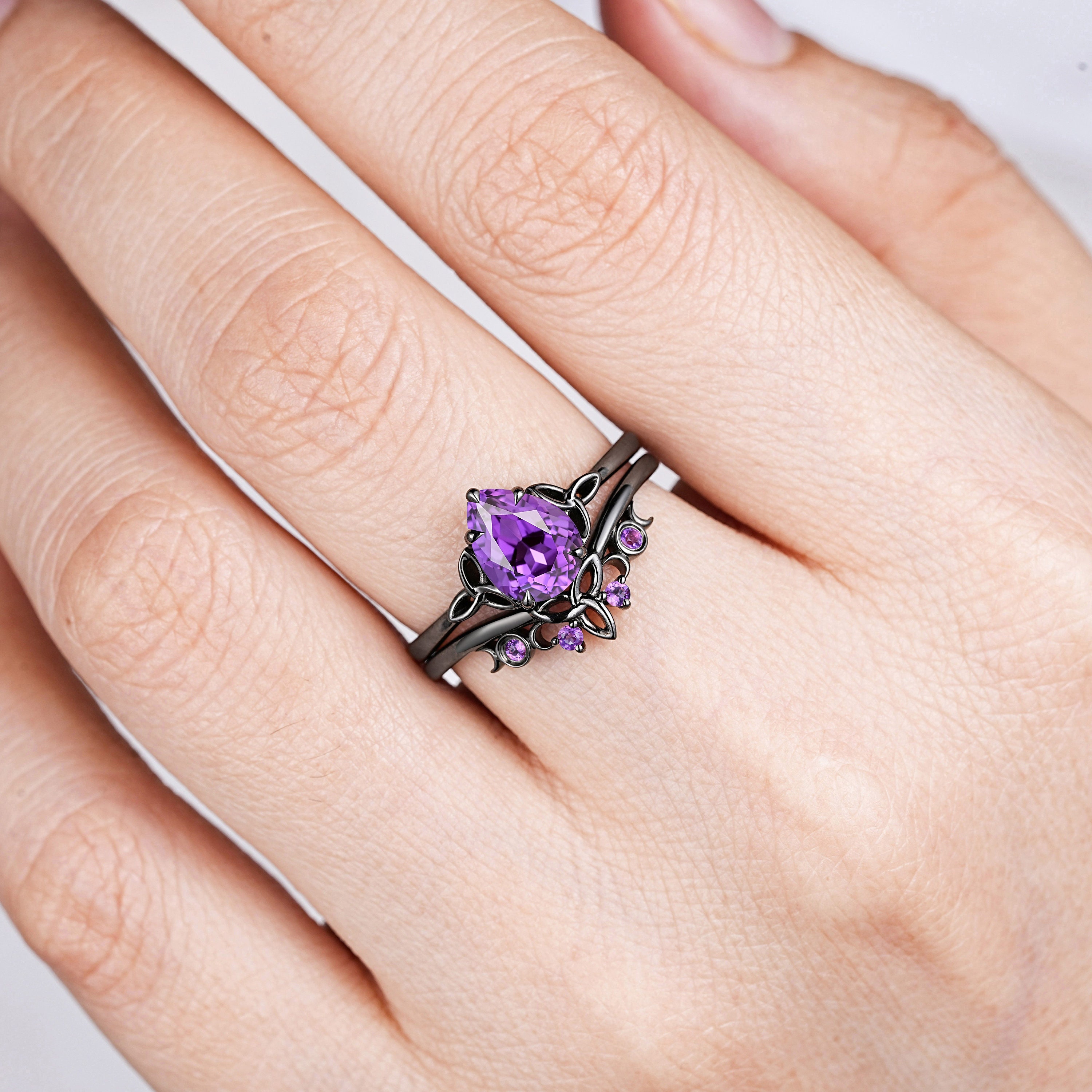 Gothic Pear Cut Purple Sapphire Engagement Ring Set Rhodium Black