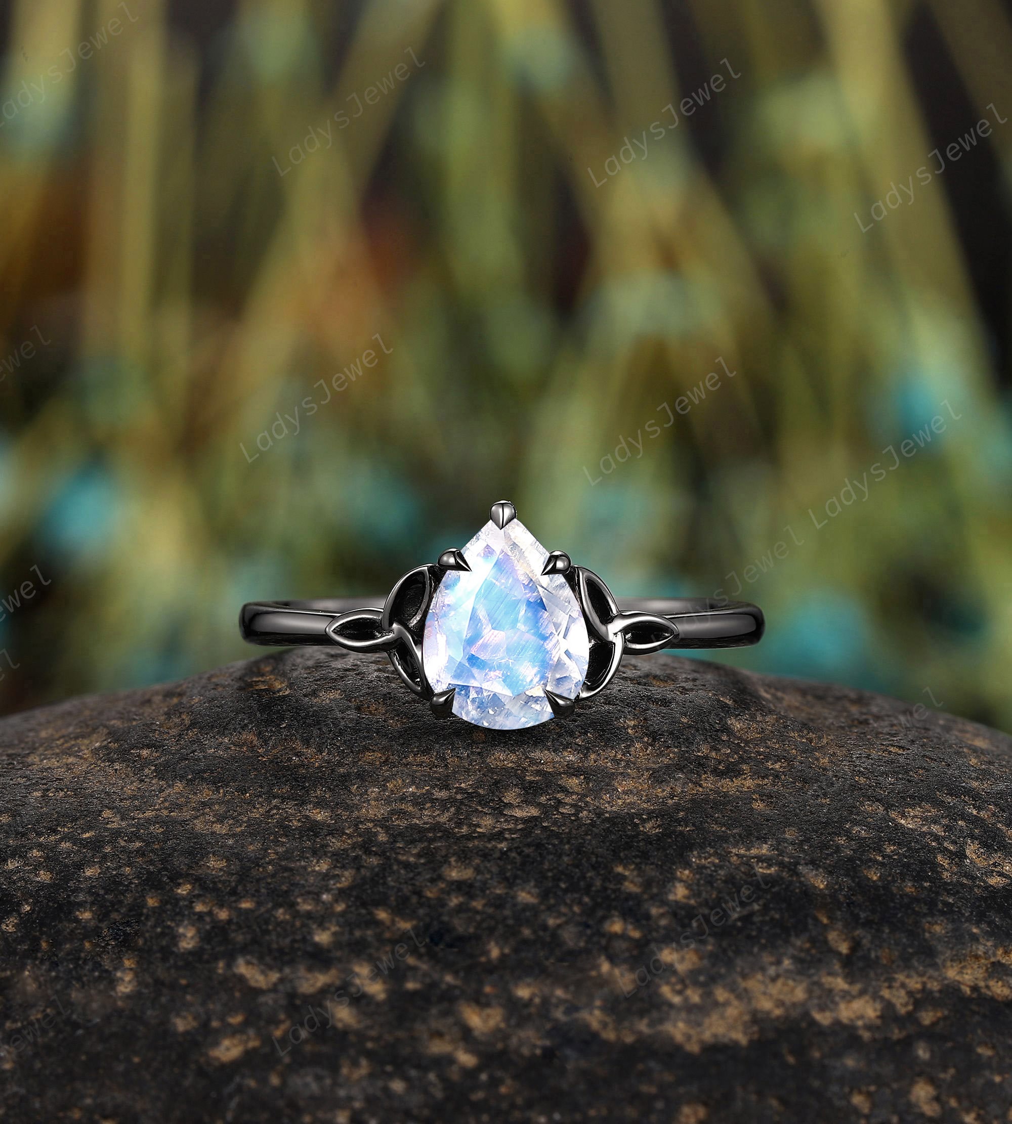 Celtic Pear Cut Moonstone Gothic Bridal Set, Rhodium Black Gold
