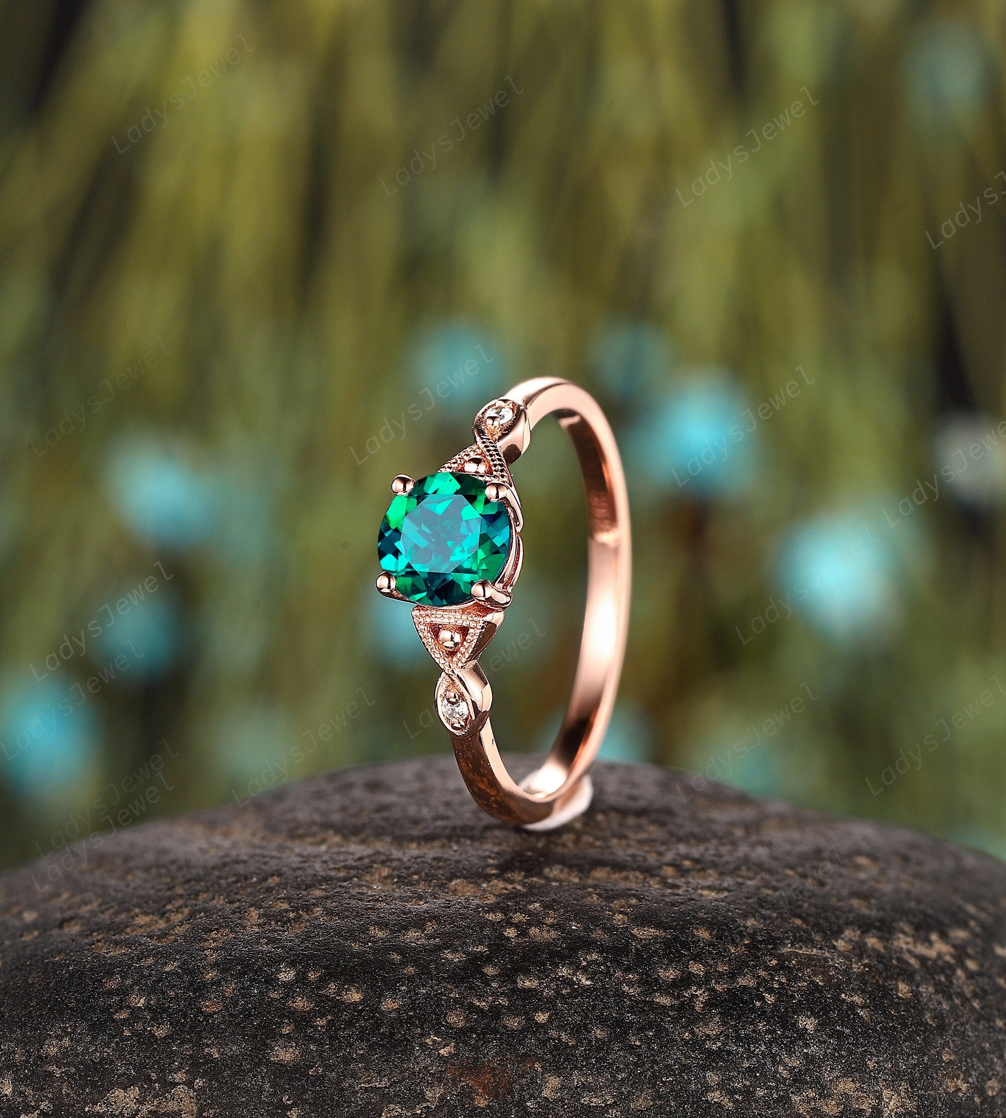 Infinity Round Emerald Engagement Ring, Vintage Dainty May Birthstone Promise Ring, 14K Rose Gold Emerald Milgrain Wedding Anniversary Ring
