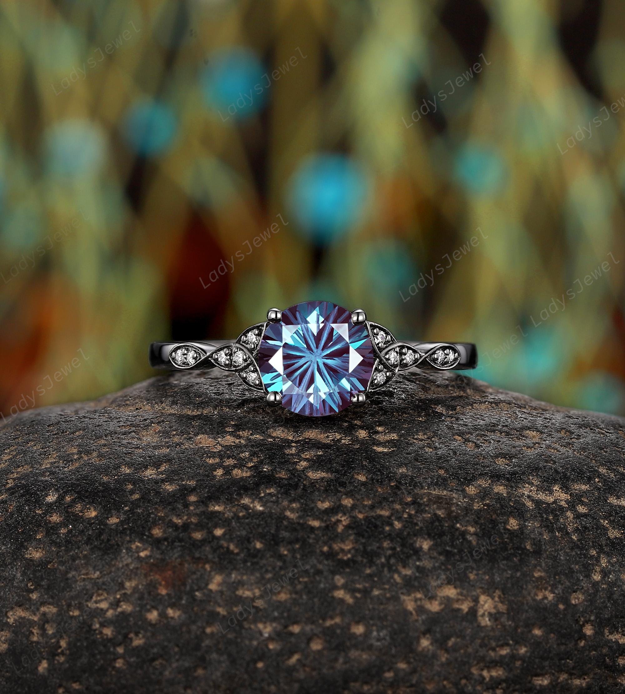 Round Fireworks Alexandrite Engagement Rings Black Gold June