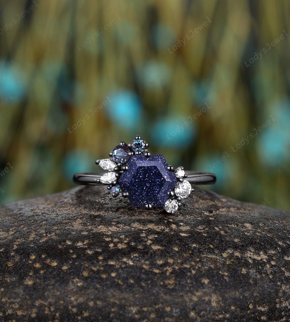 Gothic Black Hexagon Cut Blue Sandstone Cluster Engagement Ring