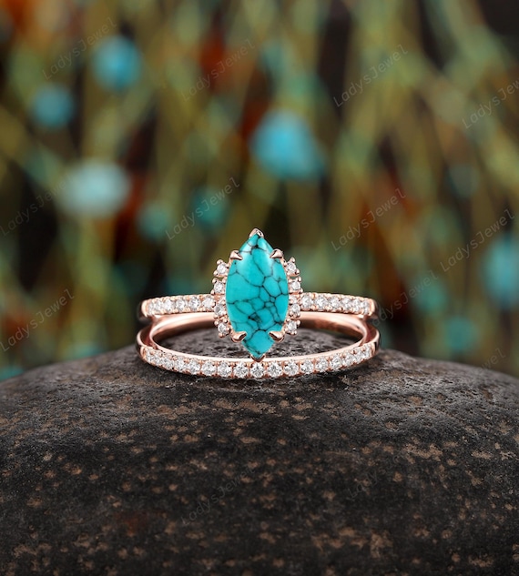 Marquise Cut Western Turquoise Bridal Set, 14K Rose Gold Natural
