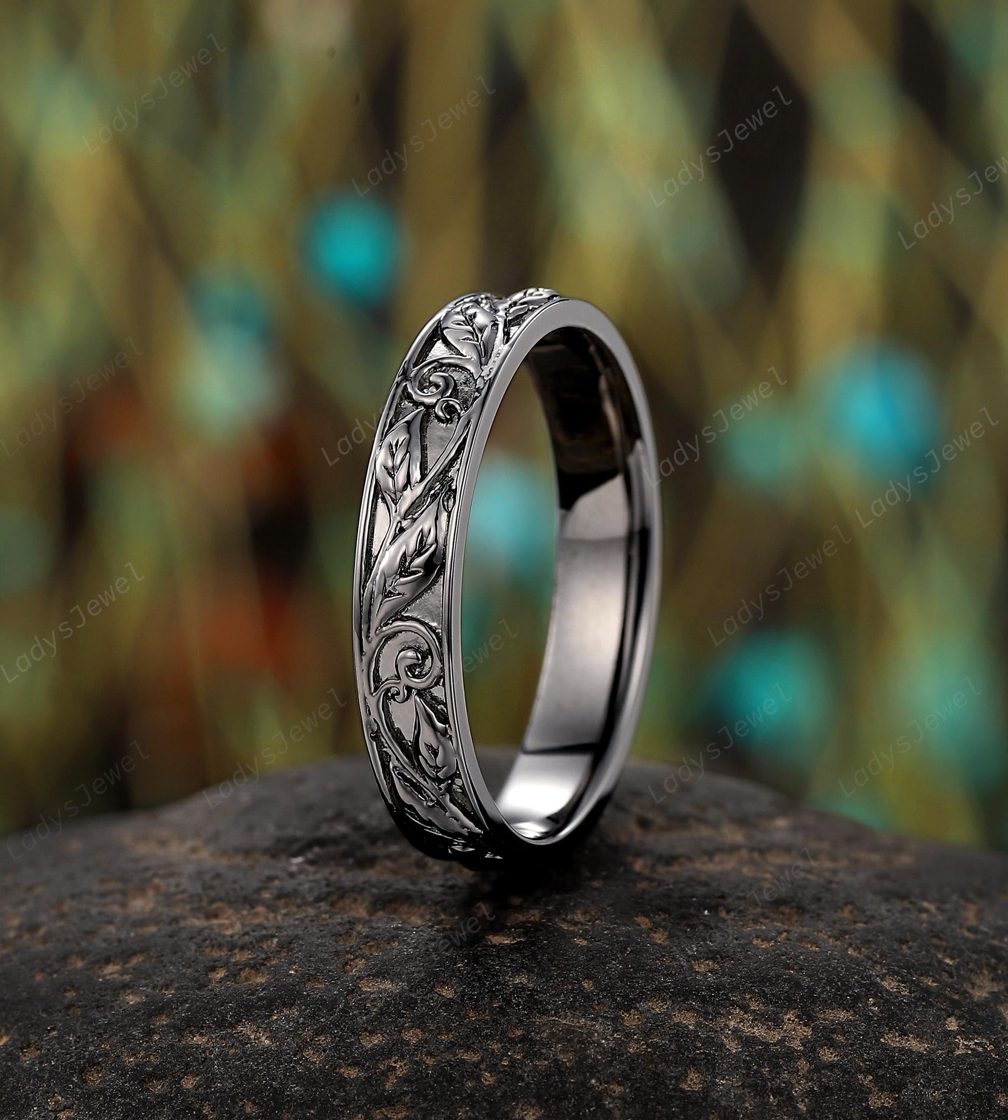 Nature Inspired Leaf Wedding Band Rhodium Black Gold Twig Branch