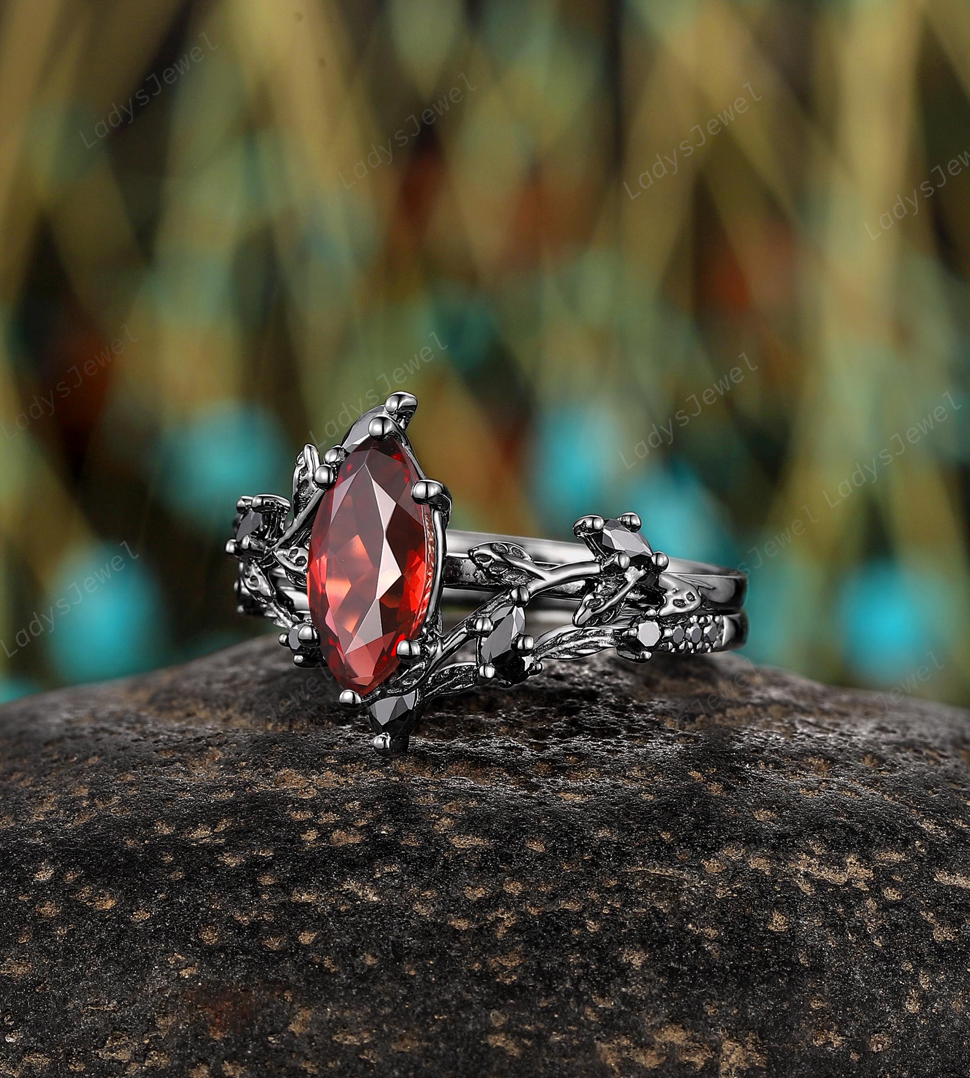 Nature Inspired Marquise Cut Garnet Engagement Rings Rhodium Black