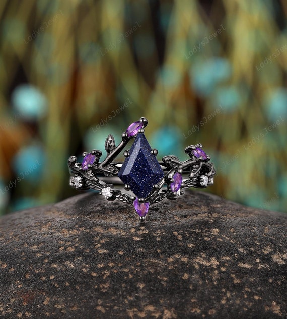Gothic Kite Cut Blue Sandstone Engagement Ring, Rhodium Black Gold