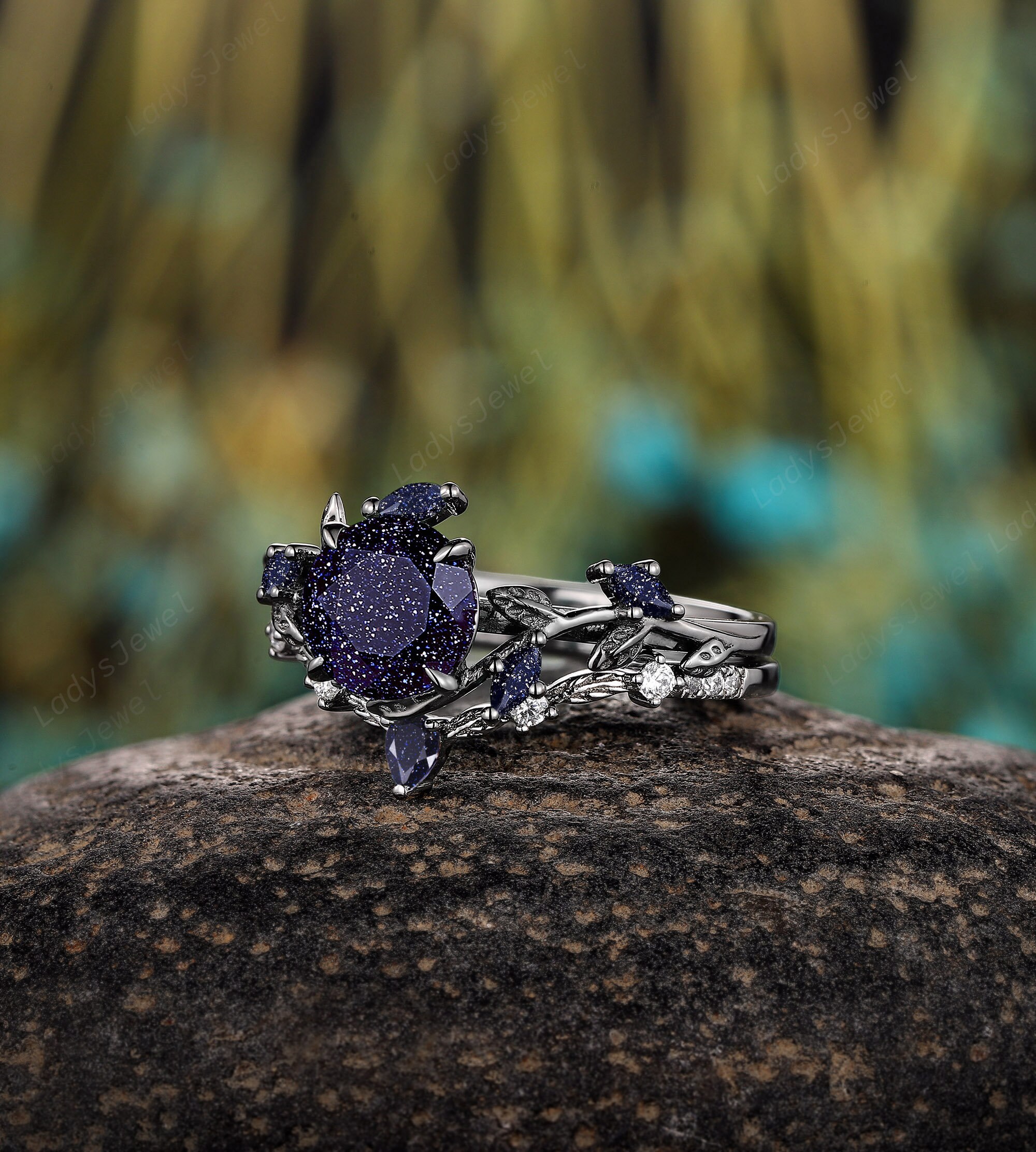 Gothic Orion Nebula Blue Sandstone Bridal Set, Rhodium Black Gold
