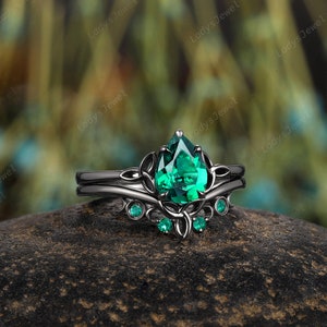 Gothic Pear Emerald Engagement Ring Set, Rhodium Black Gold Celtic Knots Bridal Set, Solitaire May Birthstone Witchy Promise Ring for Women image 7