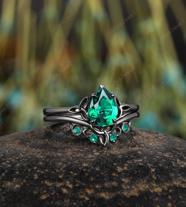 Gothic Pear Emerald Engagement Ring Set, Rhodium Black Gold Celtic Knots Bridal Set, Solitaire May Birthstone Witchy Promise Ring for Women image 7