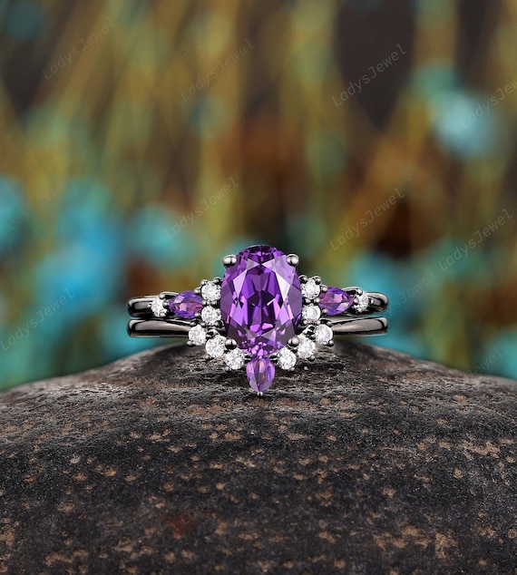 Oval Cut Purple Sapphire Gothic Engagement Ring Vintage Rhodium