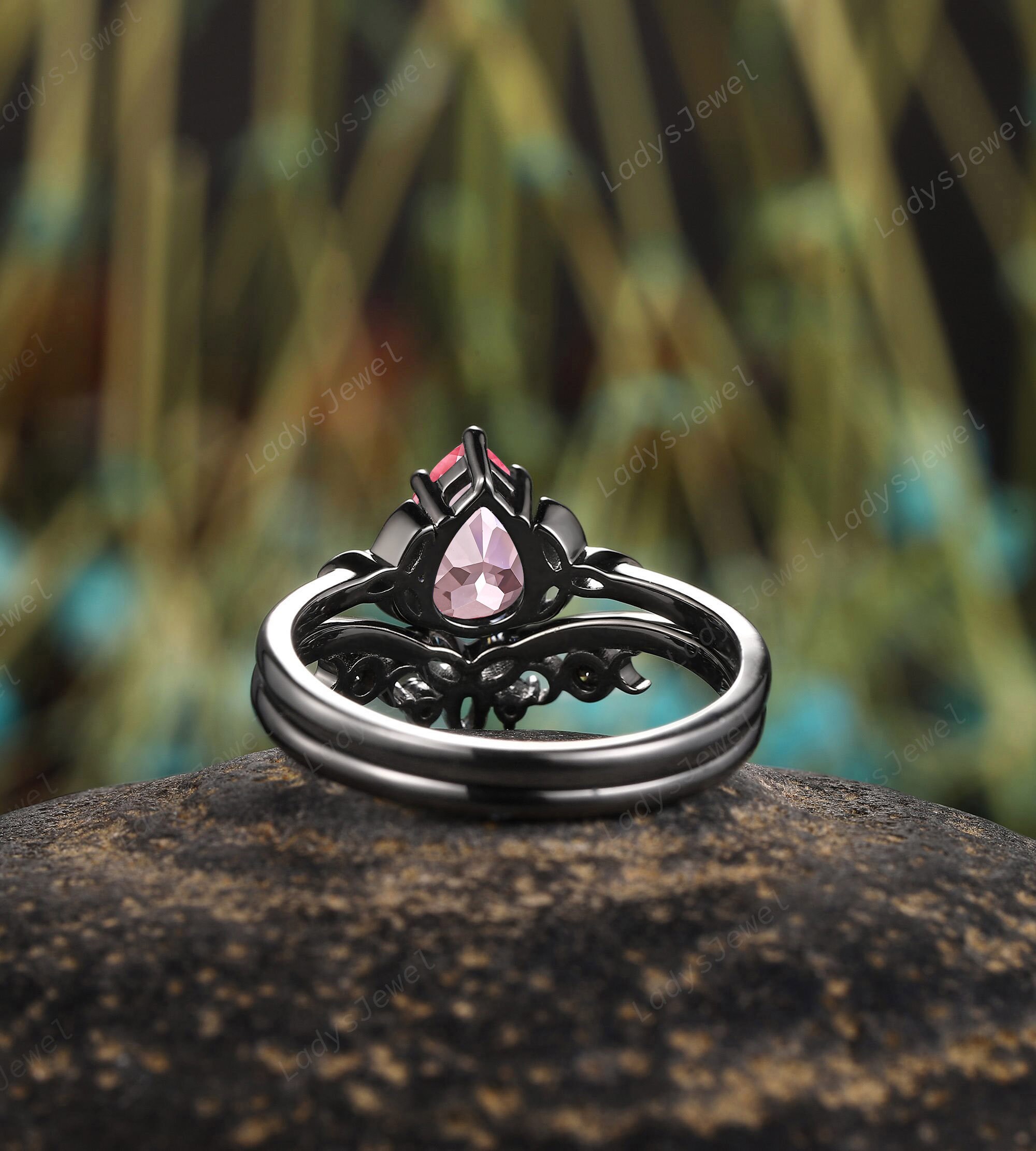 Gothic Pear Cut Pink Sapphire Engagement Ring Set Celtic Knots