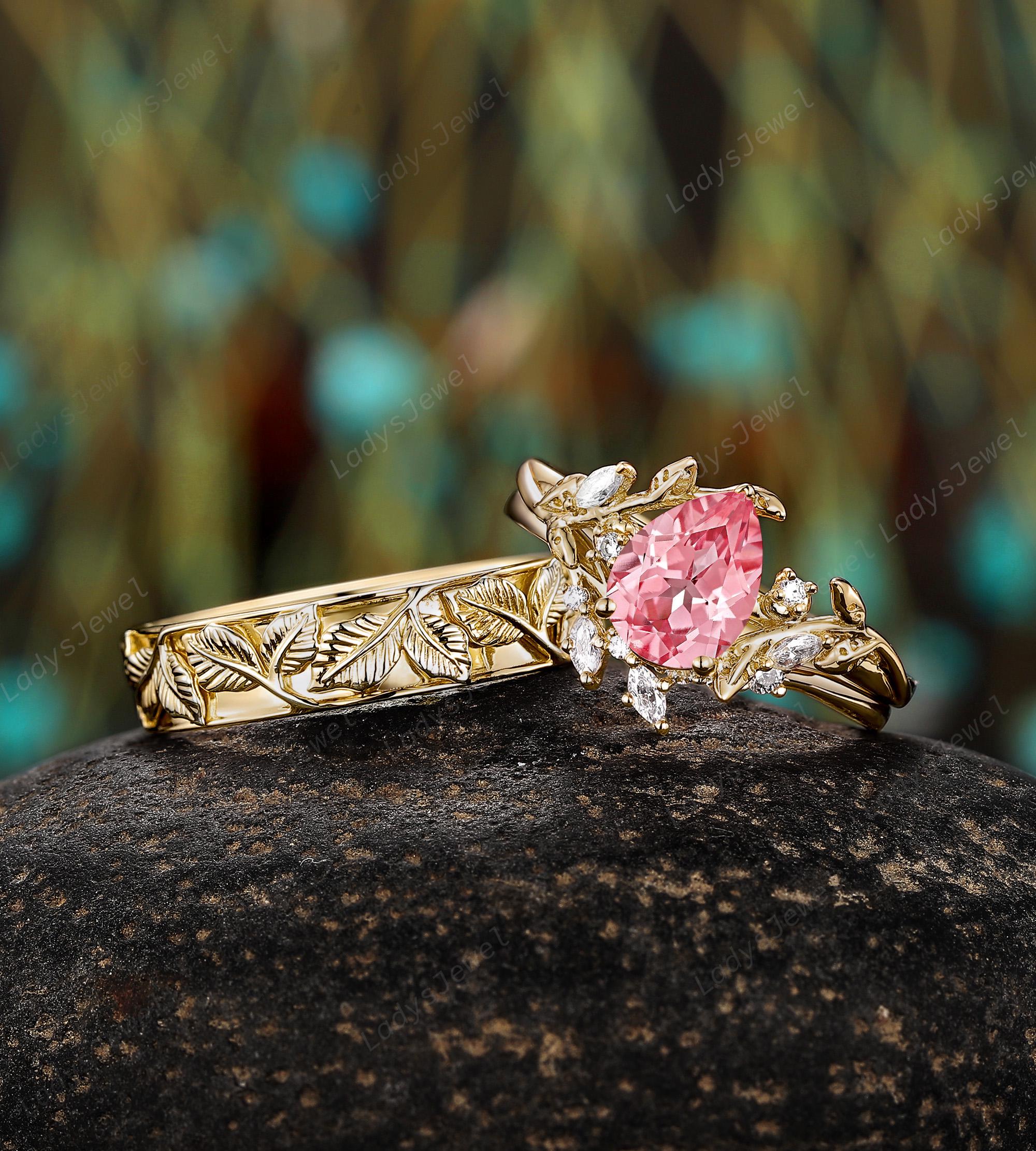 Pear Cut Pink Sapphire His and Hers Wedding Band, Platinum Twig