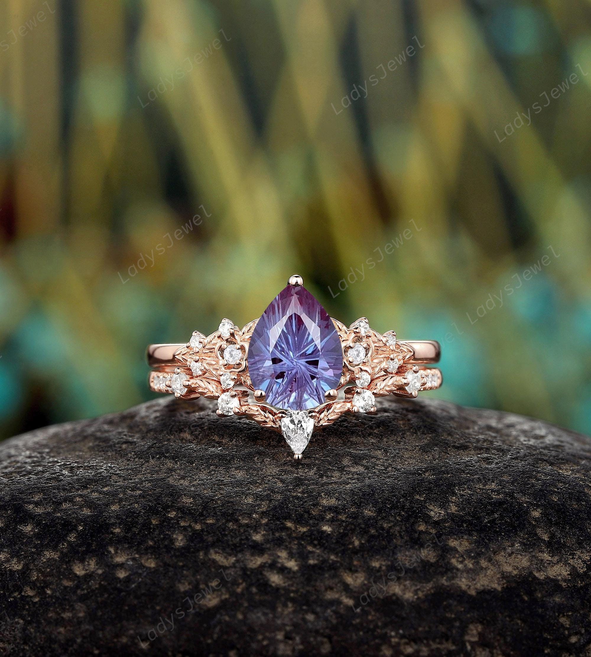 Nature Inspired Fireworks Alexandrite Engagement Ring 14K Rose