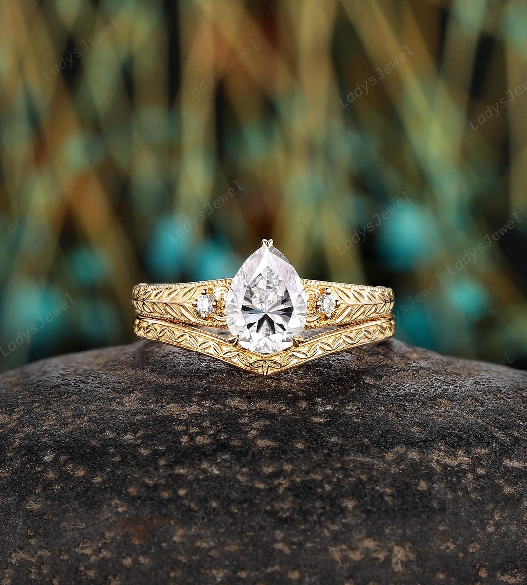 14K Solid Gold Pear Cut Moissanite Engagement Ring Set Platinum Diamond ...