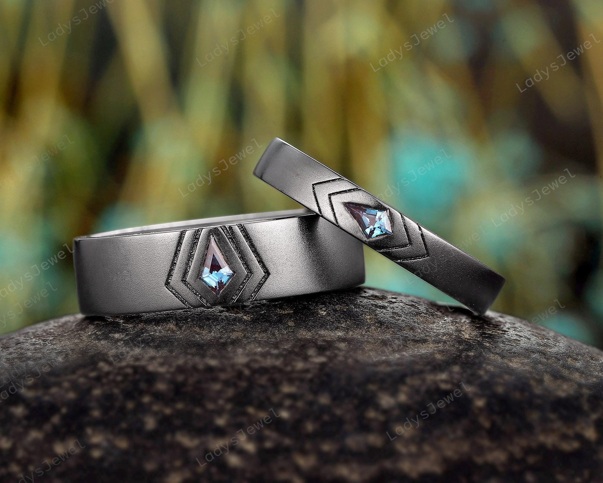Kite Cut Alexandrite Couples Promise Ring Set Rhodium Black Gold