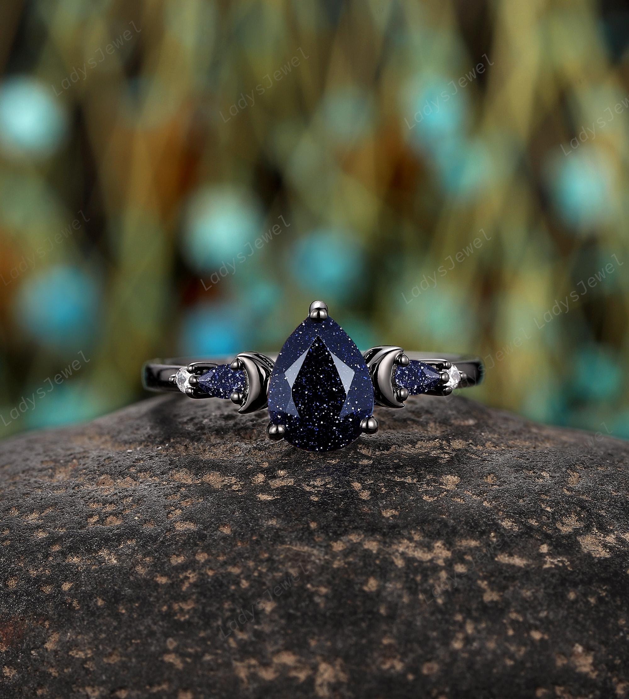 Crescent Pear Cut Blue Sandstone Engagement Rings 14K Black Gold