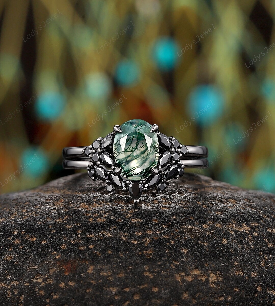 Nature Inspired Moss Agate Engagement Ring, Rhodium Black Gold