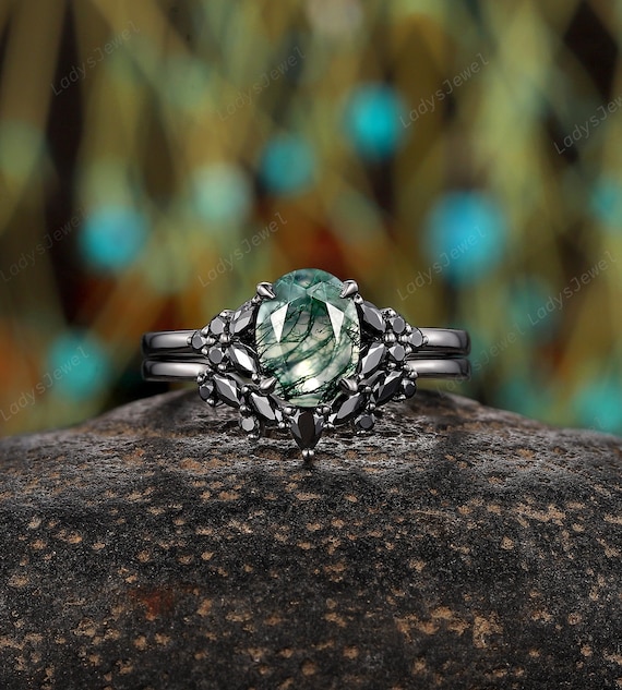 Nature Inspired Moss Agate Engagement Ring, Rhodium Black Gold - Main Image
