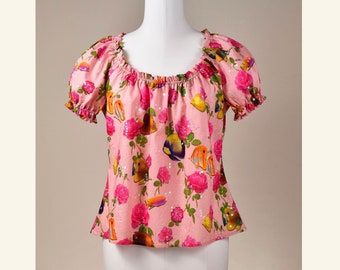 Bluse, Damenbluse, Dekolleté-Bluse "Roses, Fishes & Sequins", ohne Kragen