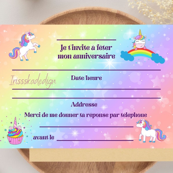 Invitation d'anniversaire Licorn, 2 côtés. PDF.