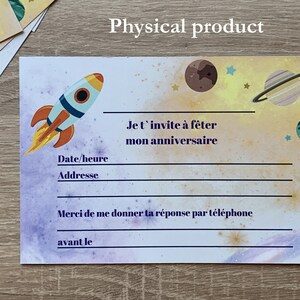 Cartes d'nvitation anniversaire en français. Fusée dans l'espace. Planeten, Galaxie. 10 Stück. Einladungskarten in französischer Sprache. Weltraum, Rakete.