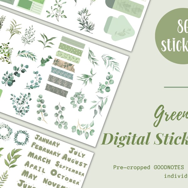 Digital Stickers, Greenery Stickers, Pre-Cropped Goodnotes Stickers & Individual PNG Stickers, Digital Planner Stickers, Instant Download