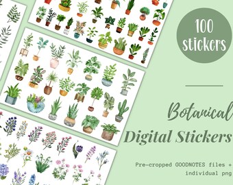 May include: A collection of digital stickers featuring watercolor illustrations of various plants and flowers. The stickers include potted plants, succulents, and floral arrangements. The image also includes the text "100 stickers" and "Botanical Digital Stickers".