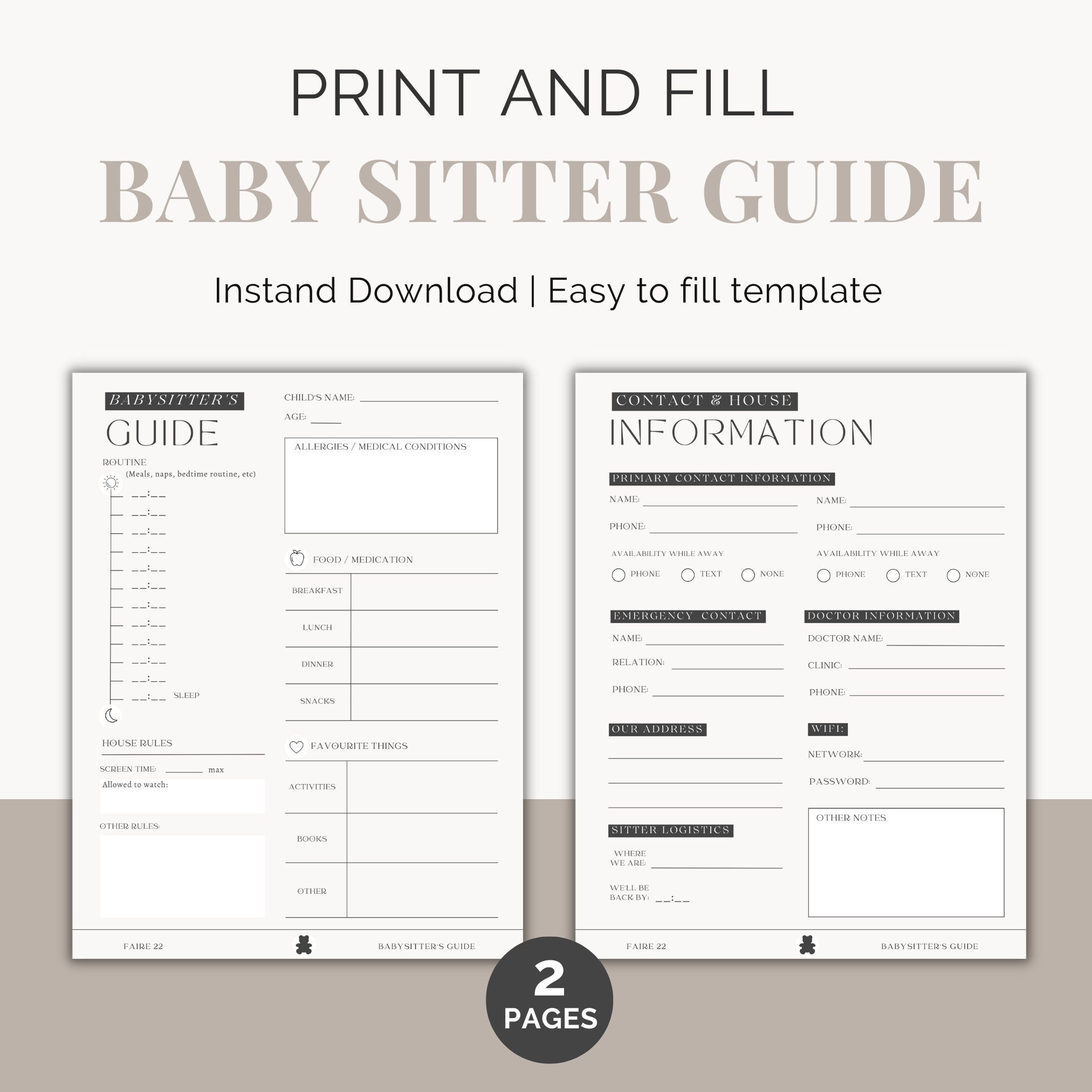 Babysitter Instructions Printable Baby Sitter Template Nanny Notes - Etsy
