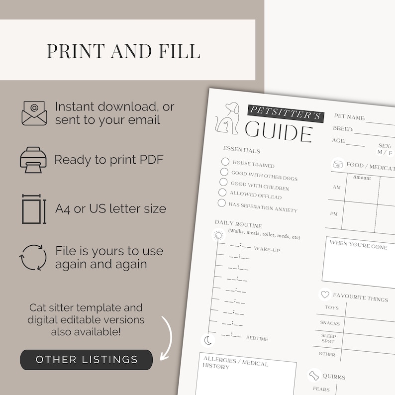 Dog Sitter Instructions | Printable Pet Sitter Template | Petcare Info Sheet - Etsy