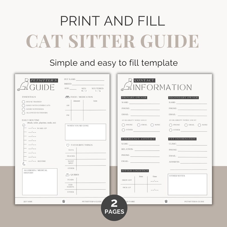 Cat Sitter Instructions Printable Pet Sitter Template Etsy