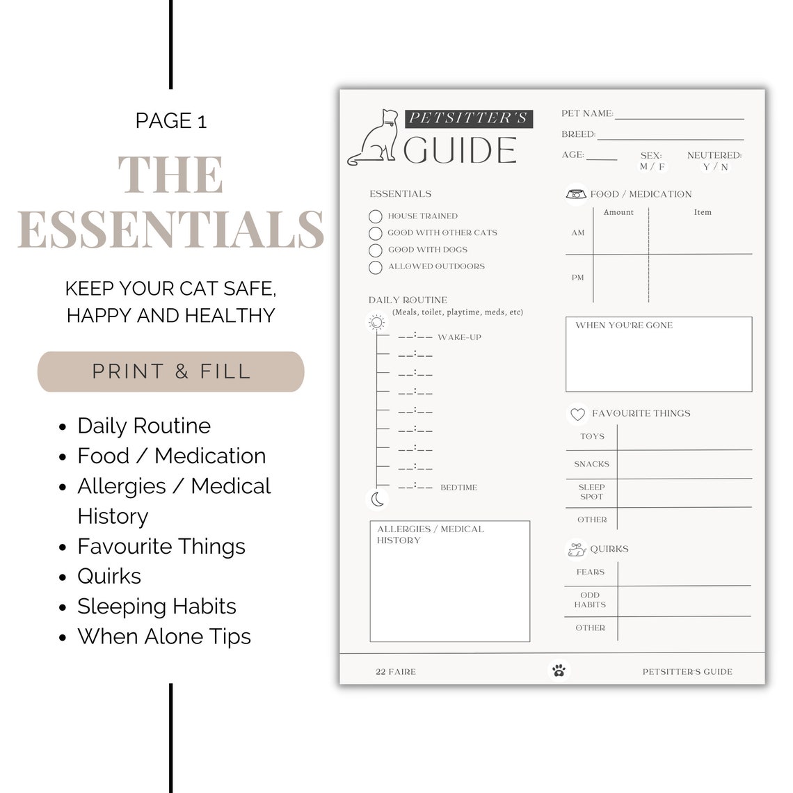 Cat Sitter Instructions Printable Pet Sitter Template Petcare Info