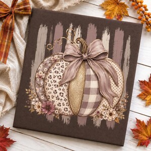 May include: A square canvas print featuring a central pumpkin illustration against a dark brown background with vertical brushstrokes. The pumpkin displays mixed patterns including leopard print, gold glitter, and buffalo check, adorned with a large bow.