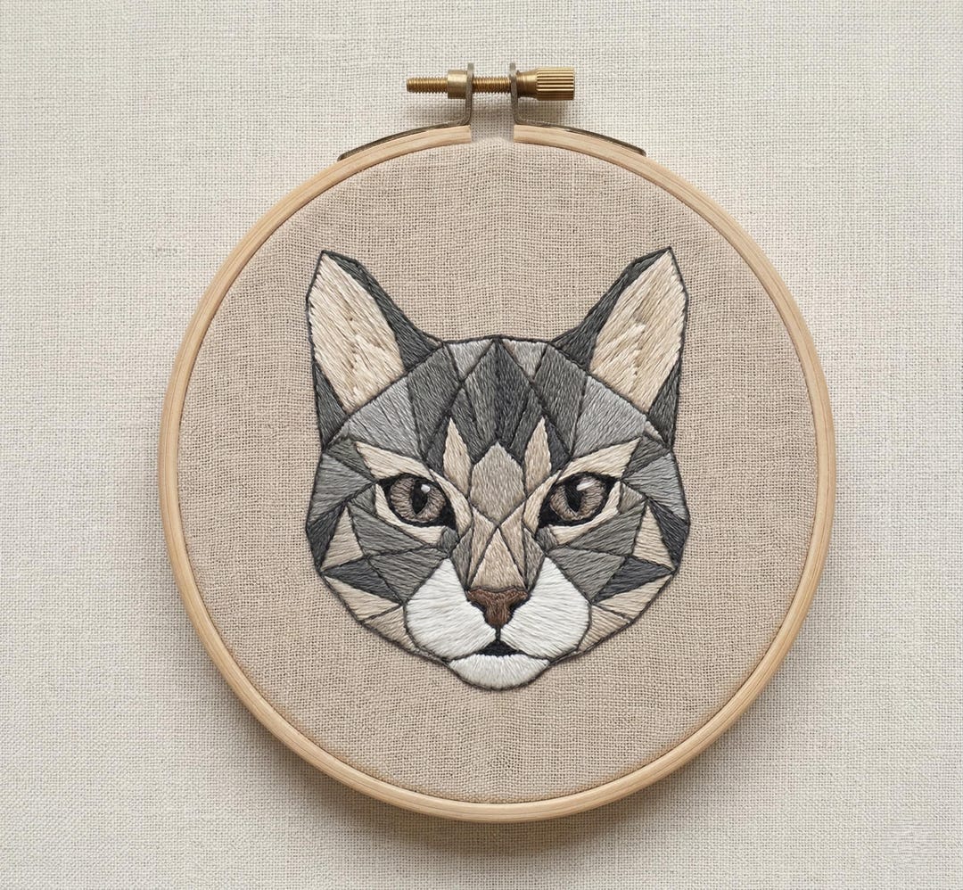 Geometric Cat Embroidery Pattern, Modern Animal Stitch Design, DIY Hand ...
