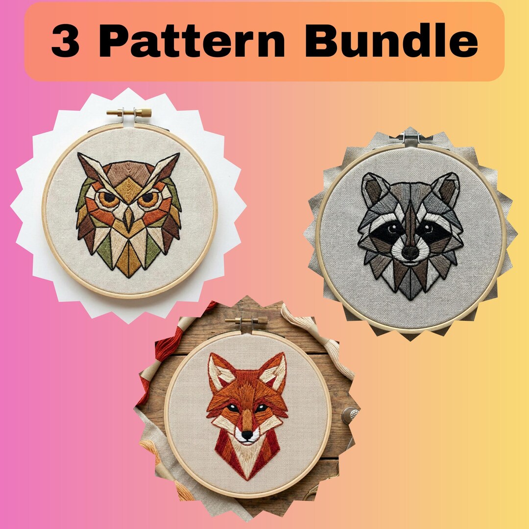 3-in-1 Geometric Woodland Animals Embroidery Pattern Bundle | Fox, Owl ...