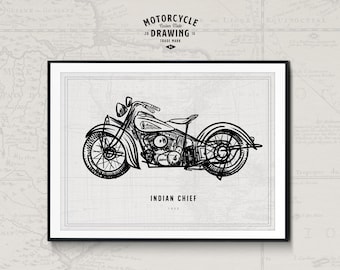 Custom Made motorcycle drawing - classic line drawing, gift for bikers, photo to illustration, hand drawn, personalized, motorbike portrait