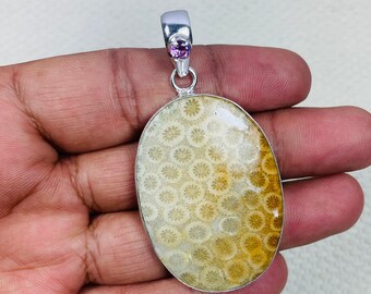 Natural Fossil Coral Gemstone 925 Silver Pendant, 925 Silver Pendant, Fossil Coral Gemstone 925 Sterling Silver Pendant Jewelry.