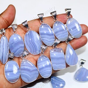 Natural Blue Lace Agate Gemstone 925 Silver Plated Bezel Pendants, Blue Lace Agate 925 Silver Necklace Pendants Jewelry.