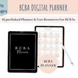 May include: A digital planner for BCBAs, shown on a tablet screen. The planner has a black cover with the text "BCBA Planner" in white. The screen shows an index with icons for different sections of the planner, such as client planner, session notes, to-do lists, and goal setting. The text "INDEX" is at the top of the screen. The text "CLICK ON EACH ITEM TO GO TO DIFFERENT TEMPLATES" is below the word "INDEX". The text "BCBA PLANNER" is in a pink circle on the screen.