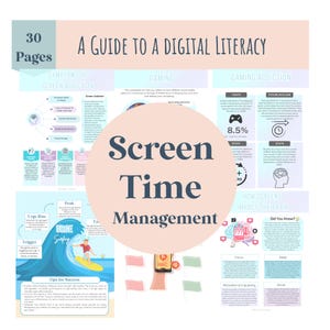 May include: A guide to digital literacy with a focus on screen time management. The infographic includes information about the symptoms of screen addiction, gaming, gaming addiction, how screens impact the brain, and tips for success. The title "Screen Time Management" is in a large, blue font on a pink background.