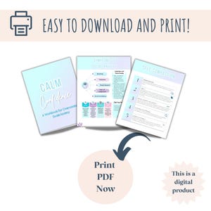 May include: A digital printable workbook titled "Calm Confidence: A Workbook for Overcoming Social Anxiety". The workbook includes sections on symptoms of social anxiety, self-compassion, and other helpful tips.