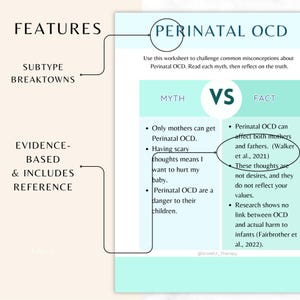 Może przedstawiać: Jasnoniebieska i biała infografika z tytułem "Perinatalne OCD" i tekstem "Użyj tego arkusza, aby zakwestionować powszechne błędne przekonania na temat Perinatalnego OCD. Przeczytaj każdy mit, a następnie zastan&oacute;w się nad prawdą." Infografika jest podzielona na dwie kolumny, jedną zatytułowaną "Mit" a drugą "Fakt". Kolumna "Mit" wymienia powszechne błędne przekonania na temat Perinatalnego OCD, podczas gdy kolumna "Fakt" dostarcza informacji opartych na dowodach, aby obalić te mity.