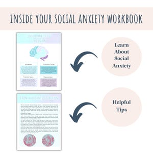 May include: A workbook for social anxiety with a light blue and pink color scheme. The cover features the text "Inside Your Social Anxiety Workbook". The inside pages show a diagram of the brain with different parts labeled, and text about social anxiety and the brain. There is also text about moving from avoidance to action.