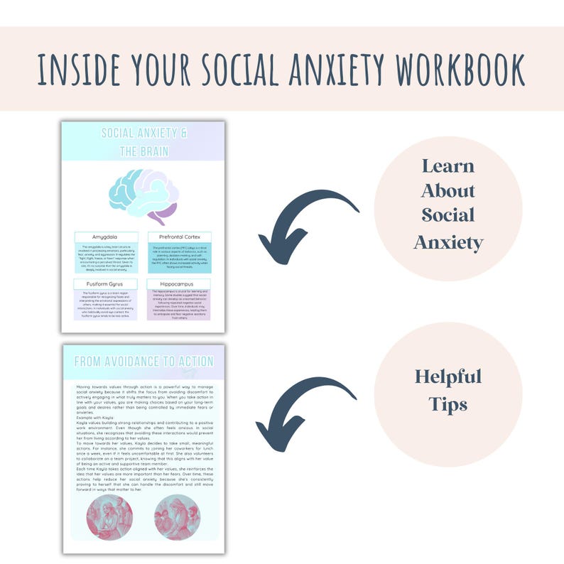 May include: A workbook for social anxiety with a light blue and pink color scheme. The cover features the text "Inside Your Social Anxiety Workbook". The inside pages show a diagram of the brain with different parts labeled, and text about social anxiety and the brain. There is also text about moving from avoidance to action.