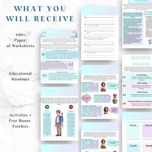 May include: A digital download of worksheets and handouts on narcissism. The worksheets are designed to help people understand and cope with narcissistic behavior. The worksheets include topics such as gray rocking, narcissistic supply, triangulation, and hoovering. The worksheets are in a light blue and pink color scheme with illustrations of cartoon characters.