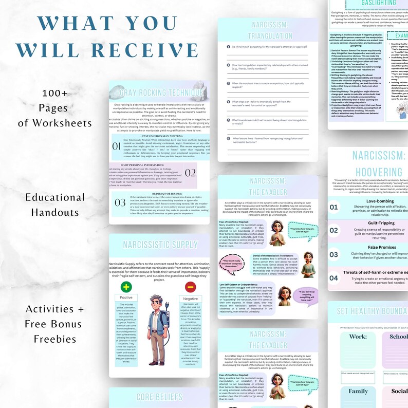 May include: A digital download of worksheets and handouts on narcissism. The worksheets are designed to help people understand and cope with narcissistic behavior. The worksheets include topics such as gray rocking, narcissistic supply, triangulation, and hoovering. The worksheets are in a light blue and pink color scheme with illustrations of cartoon characters.