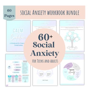 May include: A workbook bundle for teens and adults on social anxiety. The cover features a light blue and pink color scheme with the text "60+ Social Anxiety" in a dark blue font. The bundle includes worksheets on labeling, family tree, cycle of avoidance, and helpful thoughts.