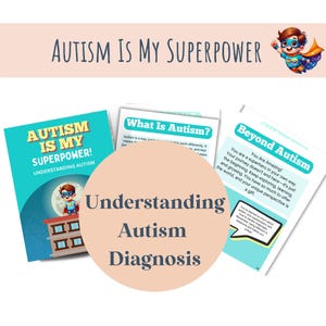 Puede incluir: Tres portadas de libros coloridos con un tema de superhéroe. Las portadas presentan el texto "¡El autismo es mi superpoder! Entendiendo el autismo", "¿Qué es el autismo?" y "Más allá del autismo. ¡Eres increíble!"