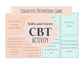 May include: A pink and blue cognitive distortion game for kids and teens. The game features a large circle with the text "Kids and Teens CBT Activity". The game board has nine squares with different statements about cognitive distortions.