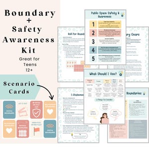 May include: A kit for teens aged 12+ with scenario cards focused on boundary and safety awareness. The kit includes cards on digital, relationship, and physical boundaries, with the text "Boundary + Safety Awareness Kit" at the top.