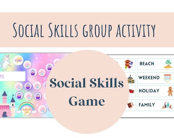 Puede incluir: Un juego de actividades grupales de habilidades sociales con un fondo de arcoíris pastel, un unicornio, un castillo e iconos de cupcakes. El tablero incluye un punto de inicio y una lista de temas como playa, fin de semana, vacaciones y familia.