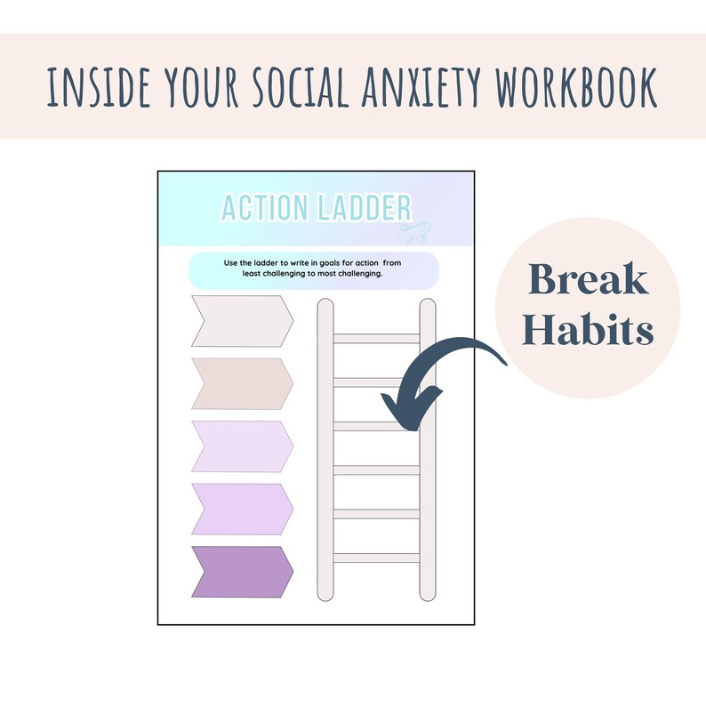 May include: A printable worksheet with a ladder and arrows, titled "Action Ladder". The text "Use the ladder to write in goals for action from least challenging to most challenging." is below the title. The text "Break Habits" is in a circle to the right of the ladder.